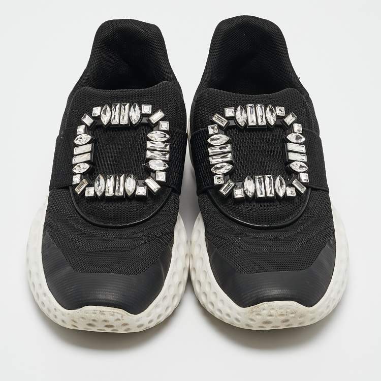 Pre Owned Roger Vivier Black Mesh Viv Run Light Strass Buckle Sneakers Size 38