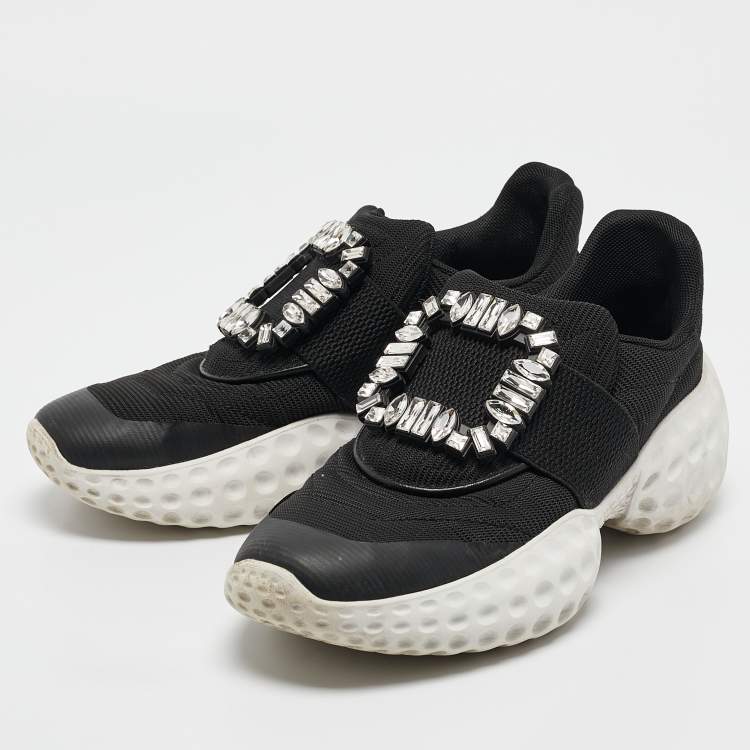 Pre Owned Roger Vivier Black Mesh Viv Run Light Strass Buckle Sneakers Size 38