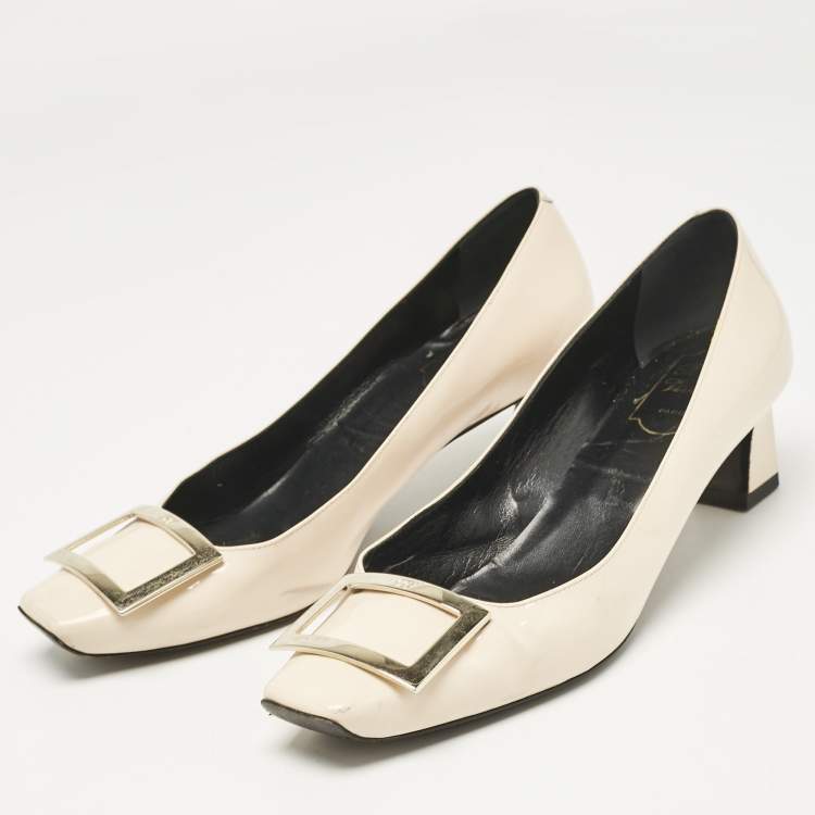 Pre Owned Roger Vivier Cream Patent Leather Trompette Block Heel Pumps Size 40