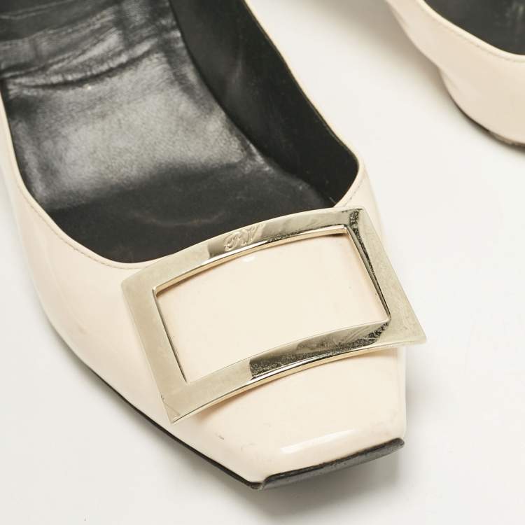 Pre Owned Roger Vivier Cream Patent Leather Trompette Block Heel Pumps Size 40