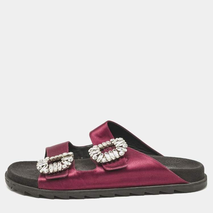 Pre Owned Roger Vivier Burgundy Satin Slidy Viv Flat Sandals Size 40         