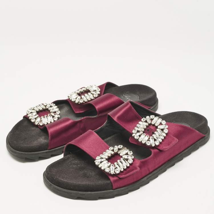 Pre Owned Roger Vivier Burgundy Satin Slidy Viv Flat Sandals Size 40         