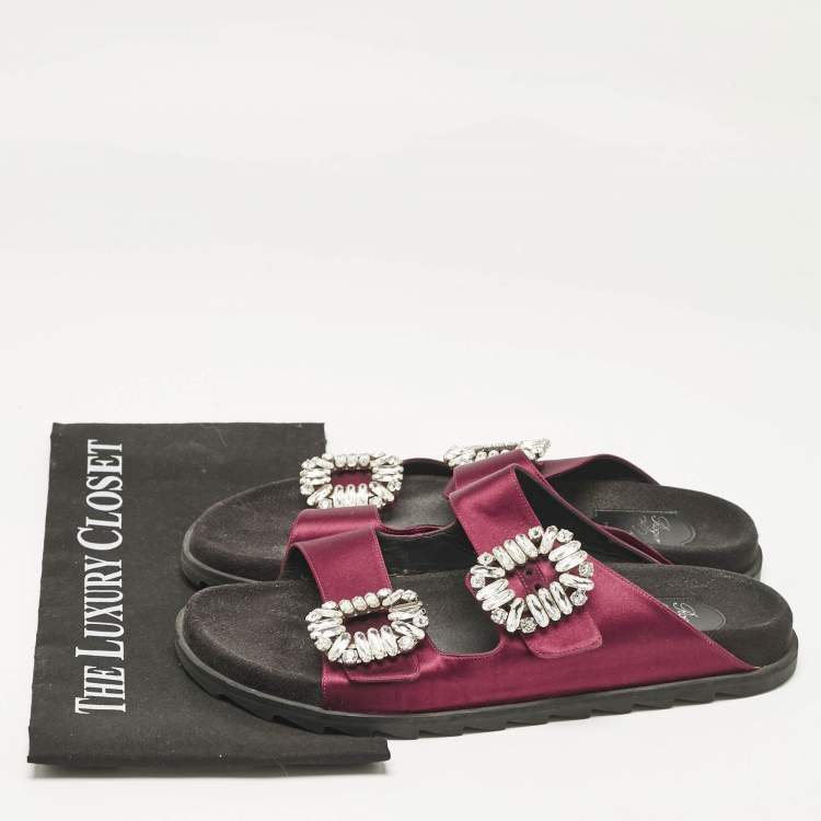 Pre Owned Roger Vivier Burgundy Satin Slidy Viv Flat Sandals Size 40         