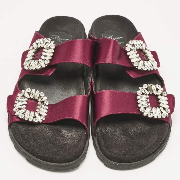 Pre Owned Roger Vivier Burgundy Satin Slidy Viv Flat Sandals Size 40         
