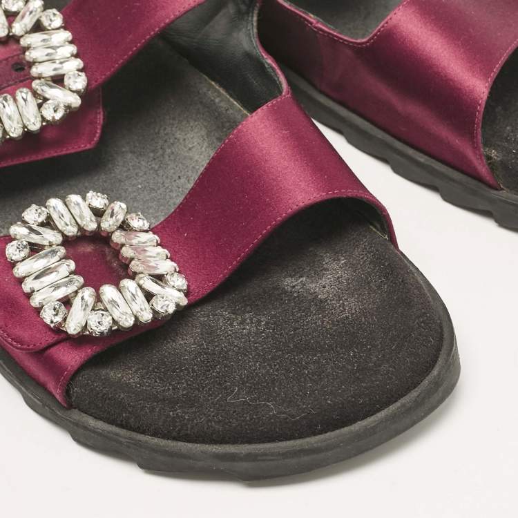 Pre Owned Roger Vivier Burgundy Satin Slidy Viv Flat Sandals Size 40         