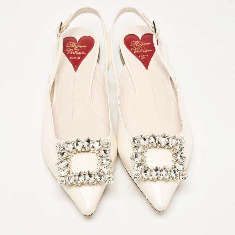 Pre Owned Roger Vivier Off White Patent Leather Strass Buckle Slingback Flats Size 37