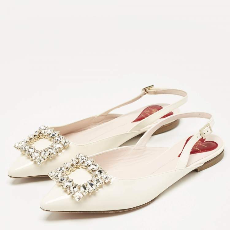 Pre Owned Roger Vivier Off White Patent Leather Strass Buckle Slingback Flats Size 37