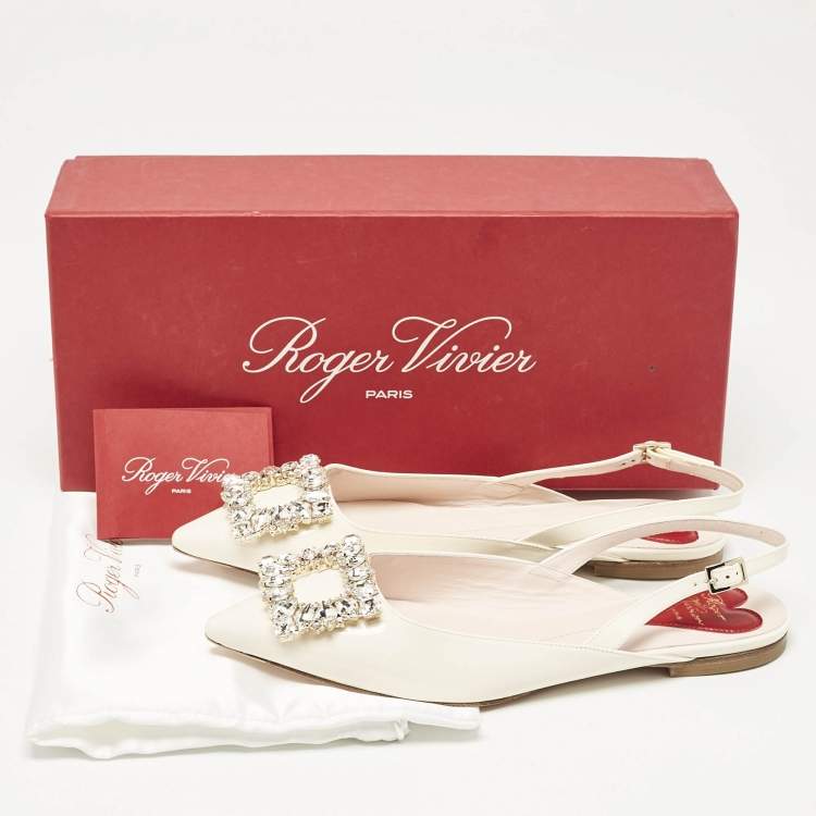 Pre Owned Roger Vivier Off White Patent Leather Strass Buckle Slingback Flats Size 37