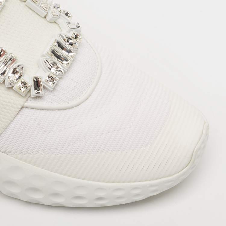 Pre Owned Roger Vivier White Nylon Viv Run Crystal Buckle Sneakers Size 39.5