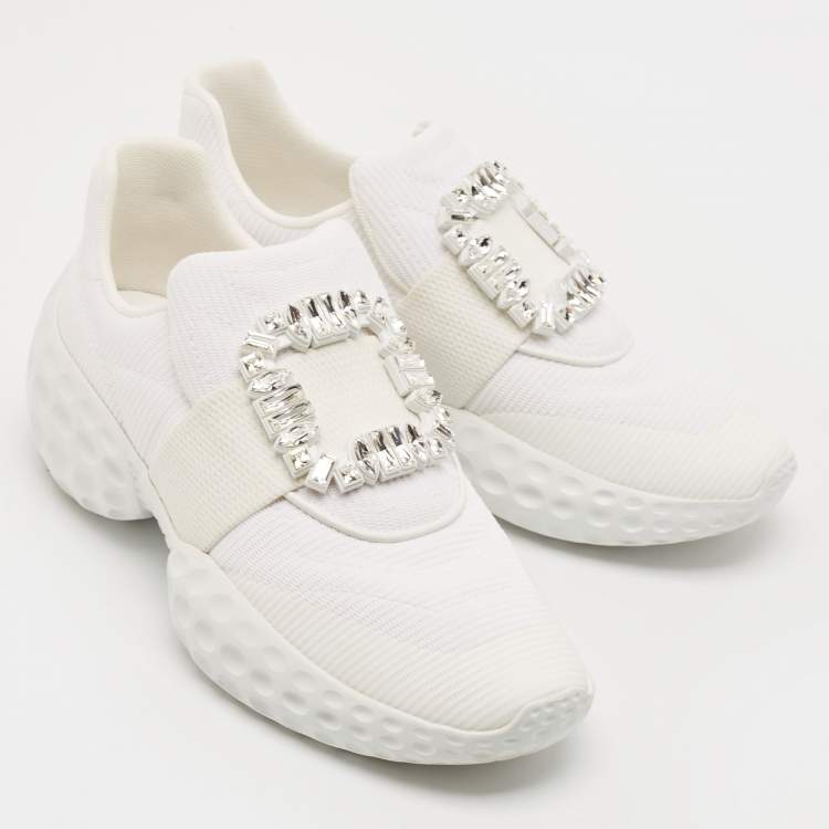 Pre Owned Roger Vivier White Nylon Viv Run Crystal Buckle Sneakers Size 39.5