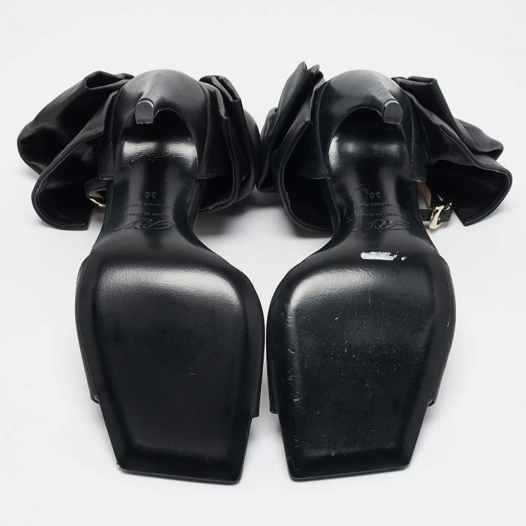 Pre Owned Roger Vivier Black Leather Vic Choc Bow Ankle Strap Sandals Size 38