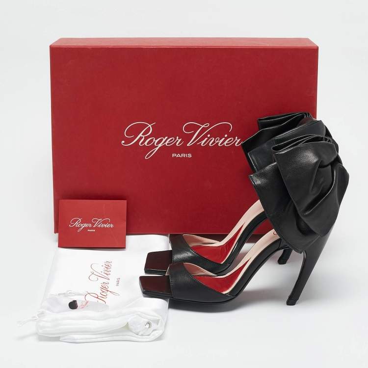 Pre Owned Roger Vivier Black Leather Vic Choc Bow Ankle Strap Sandals Size 38