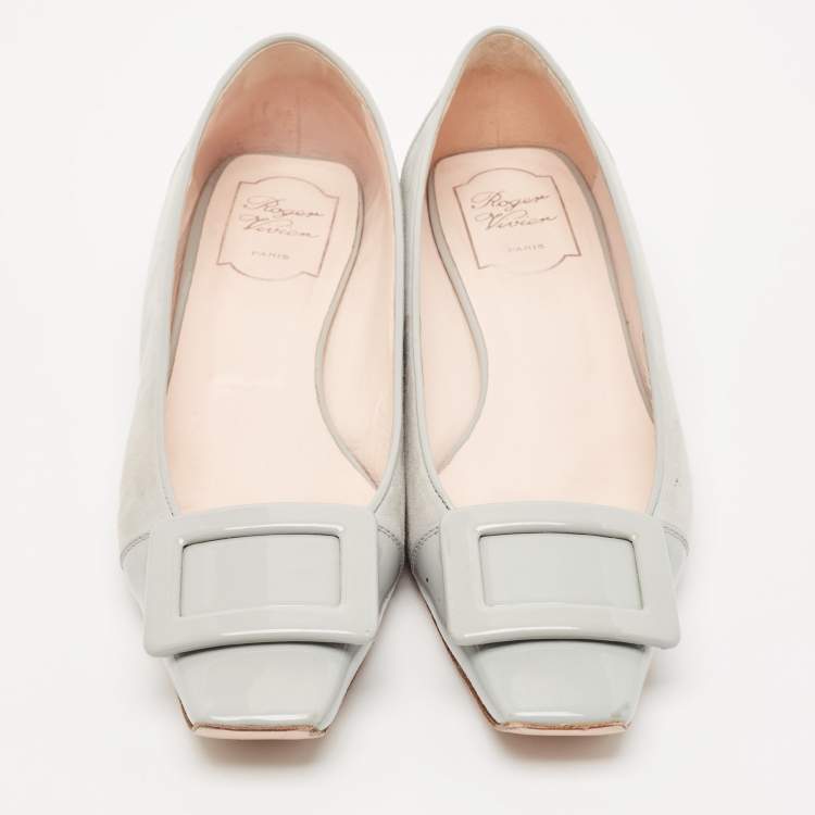 Pre Owned Roger Vivier Grey Suede and Patent Leather Belle Vivier Ballet Flats Size 38.5