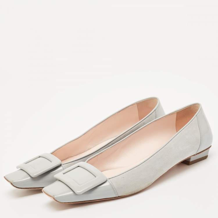 Pre Owned Roger Vivier Grey Suede and Patent Leather Belle Vivier Ballet Flats Size 38.5