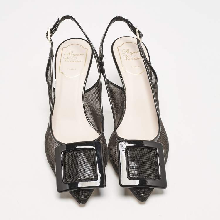 Pre Owned Roger Vivier Black Patent and Mesh Belle Vivier Slingback Pumps Size 37
