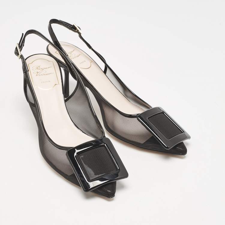 Pre Owned Roger Vivier Black Patent and Mesh Belle Vivier Slingback Pumps Size 37