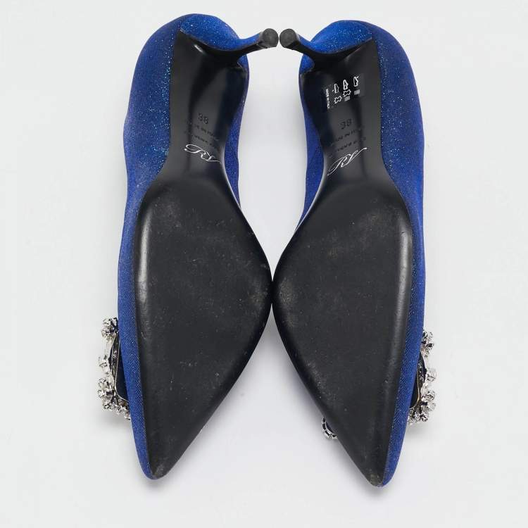 Pre Owned Roger Vivier Blue Glitter Fabric Efflorescence Pumps Size 38