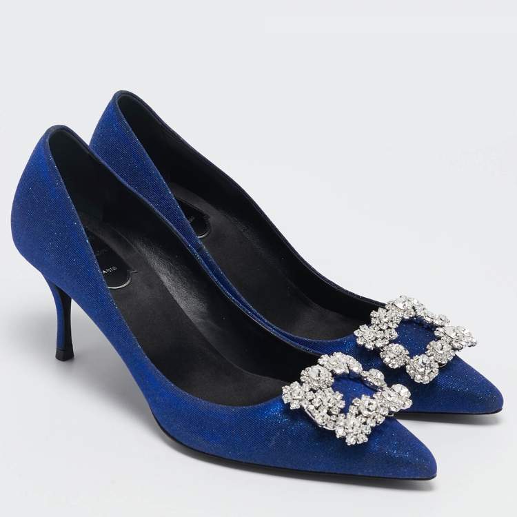 Pre Owned Roger Vivier Blue Glitter Fabric Efflorescence Pumps Size 38