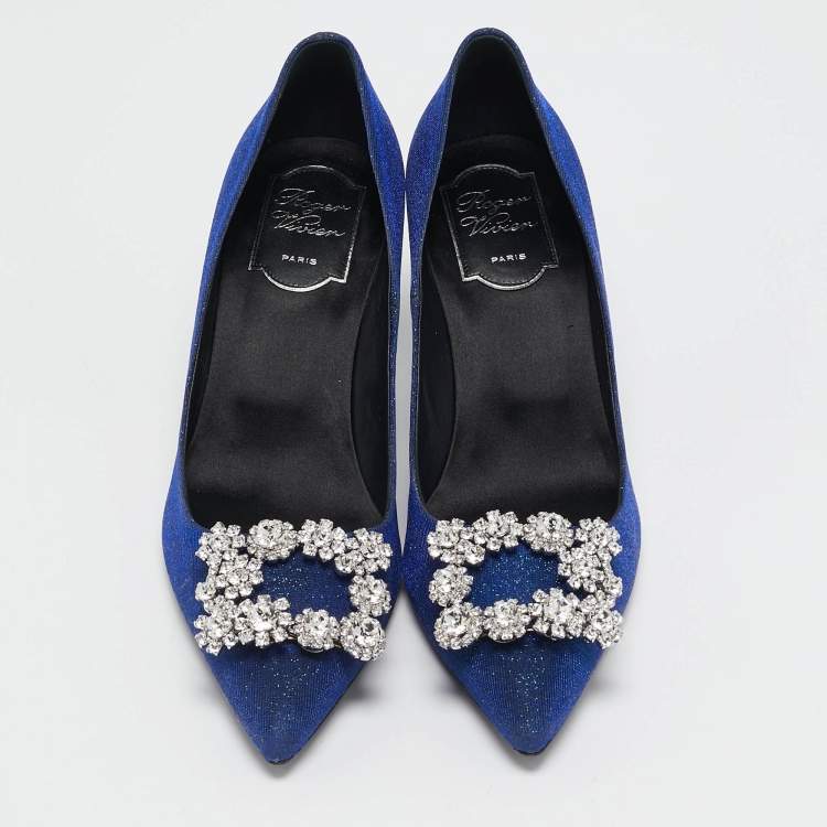 Pre Owned Roger Vivier Blue Glitter Fabric Efflorescence Pumps Size 38