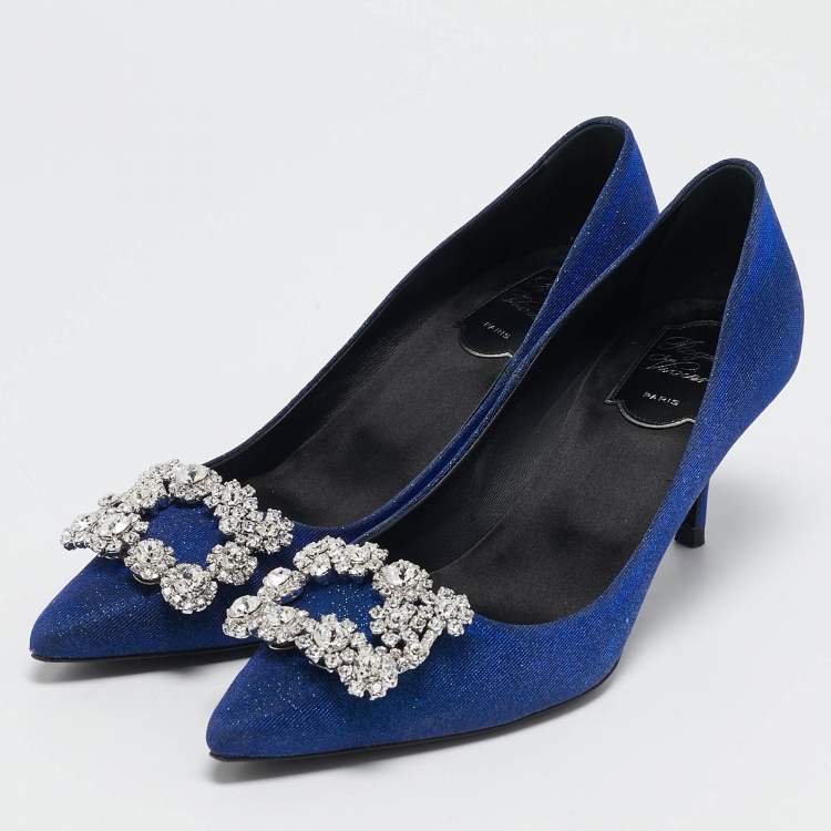 Pre Owned Roger Vivier Blue Glitter Fabric Efflorescence Pumps Size 38