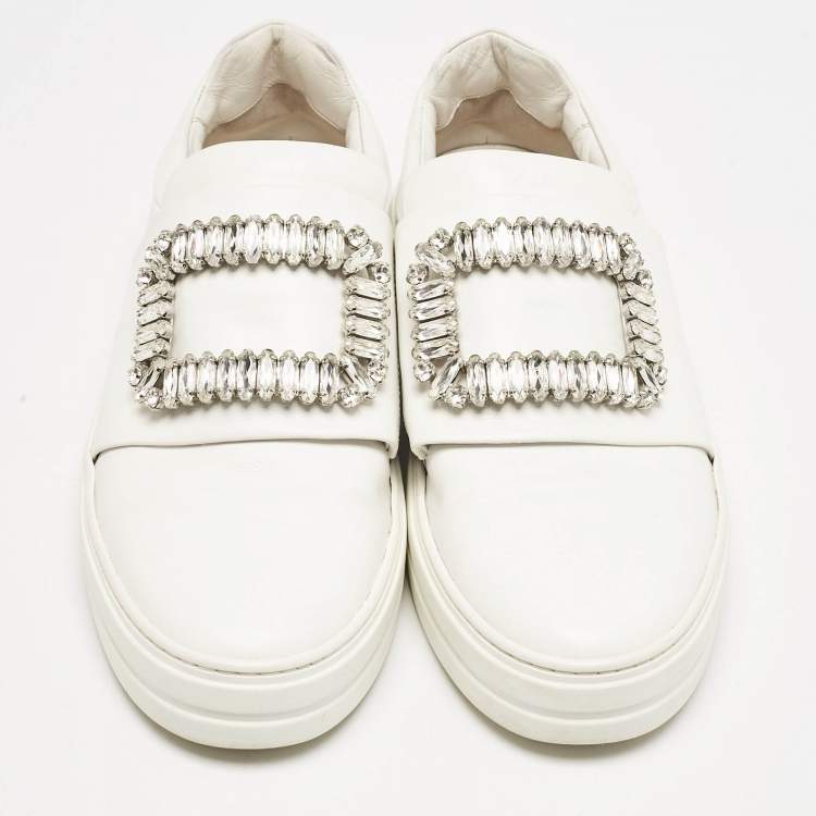 Pre Owned Roger Vivier White Leather Sneaky Viv Crystal Embellished Slip On Sneakers Size 38