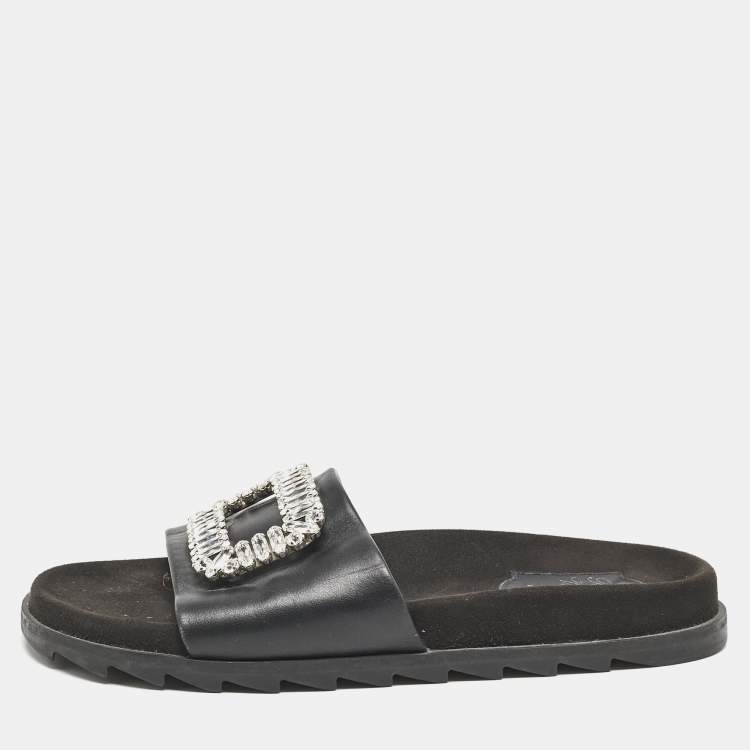 Pre Owned Roger Vivier Black Leather Crystal Embellished Flat Slide Sandals Size 37