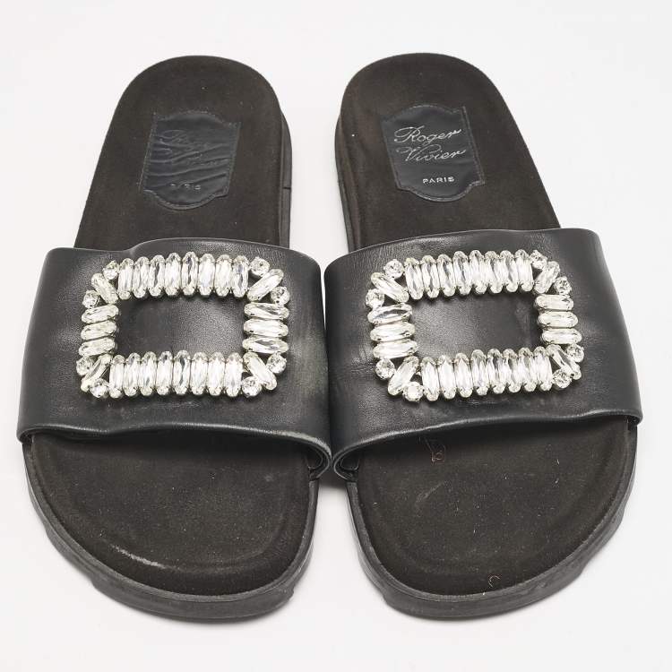 Pre Owned Roger Vivier Black Leather Crystal Embellished Flat Slide Sandals Size 37