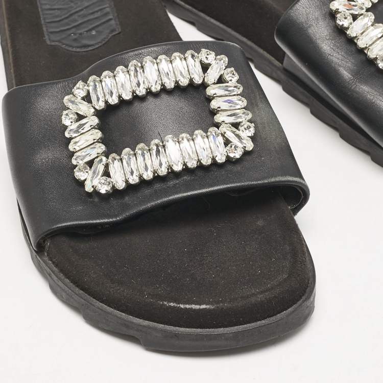 Pre Owned Roger Vivier Black Leather Crystal Embellished Flat Slide Sandals Size 37