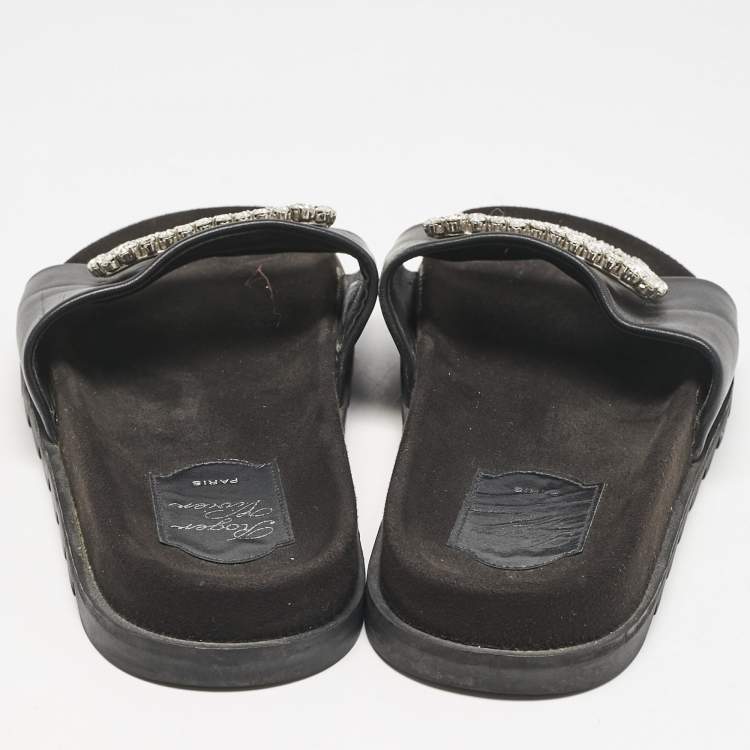 Pre Owned Roger Vivier Black Leather Crystal Embellished Flat Slide Sandals Size 37