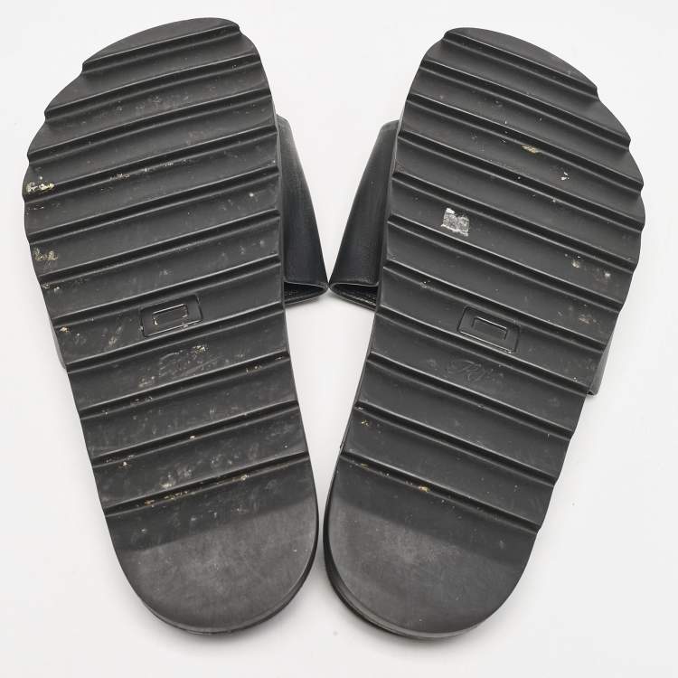 Pre Owned Roger Vivier Black Leather Crystal Embellished Flat Slide Sandals Size 37