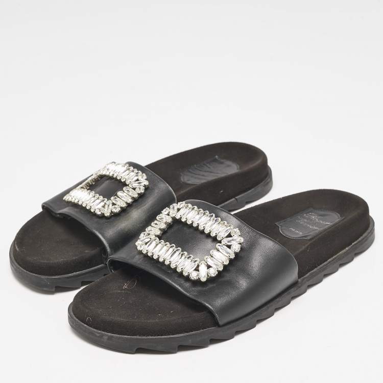 Pre Owned Roger Vivier Black Leather Crystal Embellished Flat Slide Sandals Size 37