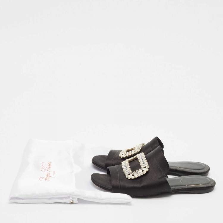 Pre Owned Roger Vivier Black Satin Crystals Embellished Flat Slides Size 38.5