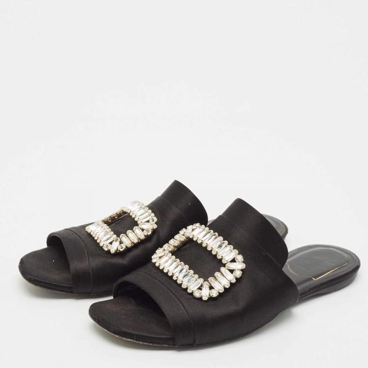 Pre Owned Roger Vivier Black Satin Crystals Embellished Flat Slides Size 38.5