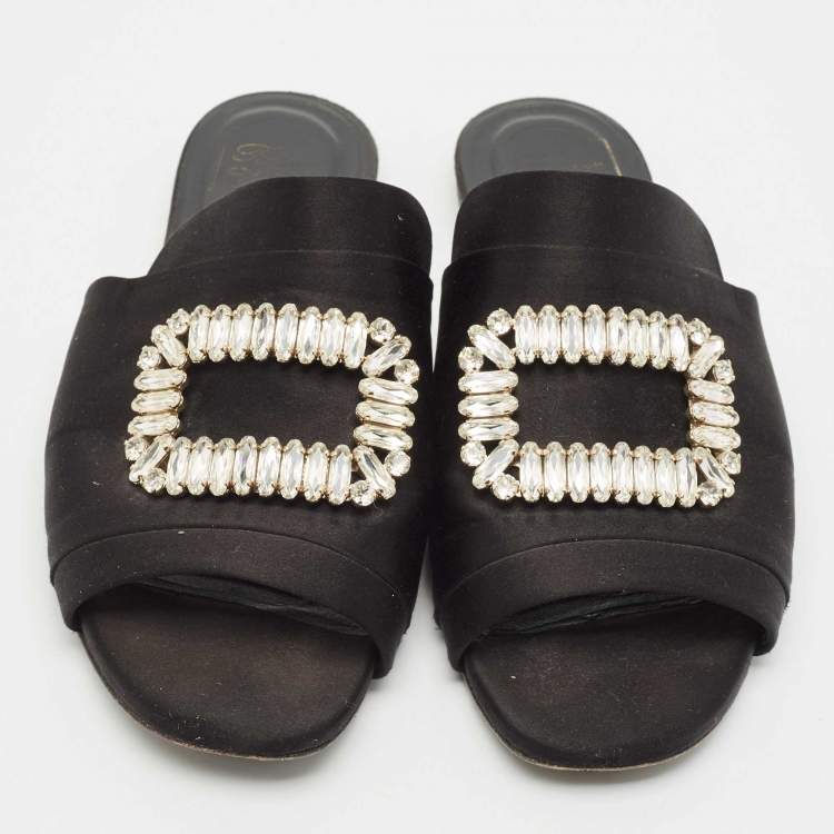 Pre Owned Roger Vivier Black Satin Crystals Embellished Flat Slides Size 38.5