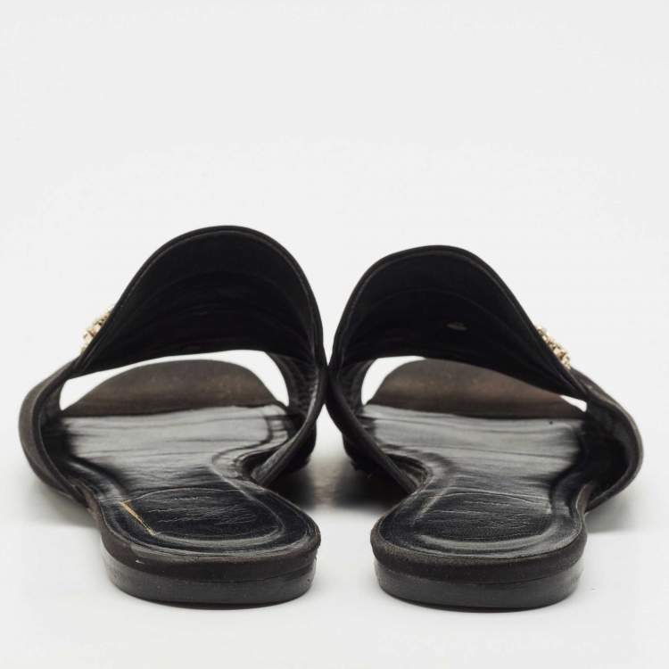 Pre Owned Roger Vivier Black Satin Crystals Embellished Flat Slides Size 38.5