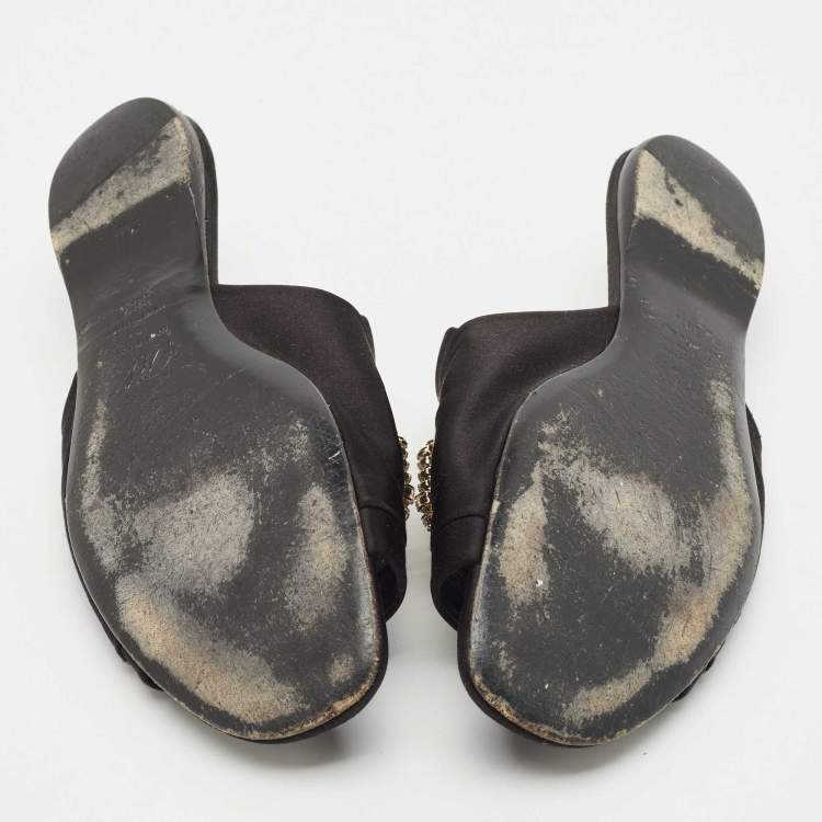 Pre Owned Roger Vivier Black Satin Crystals Embellished Flat Slides Size 38.5
