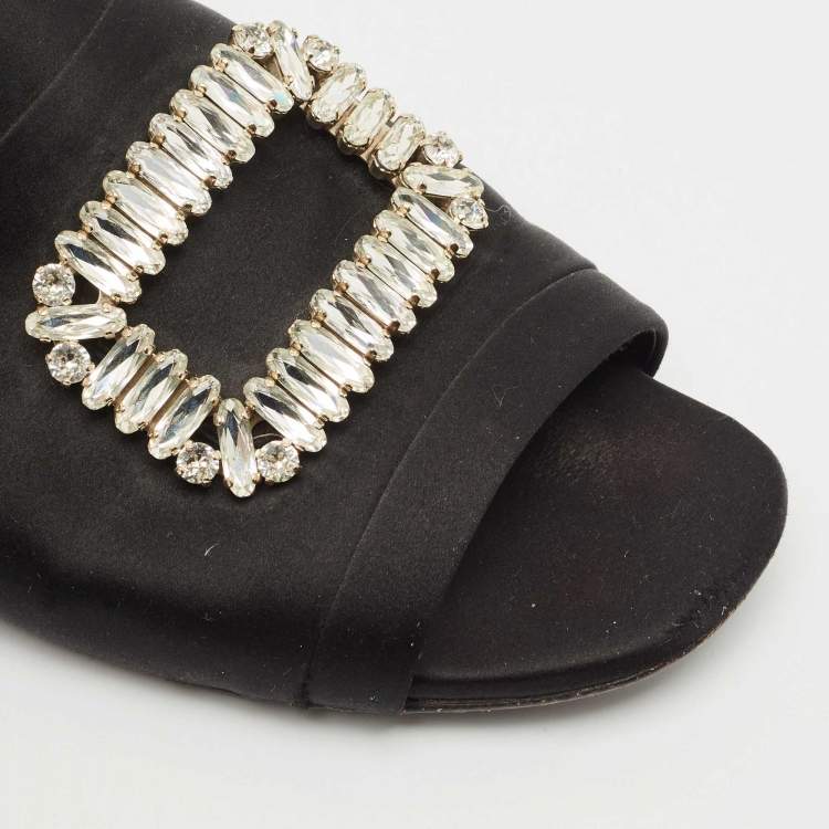 Pre Owned Roger Vivier Black Satin Crystals Embellished Flat Slides Size 38.5