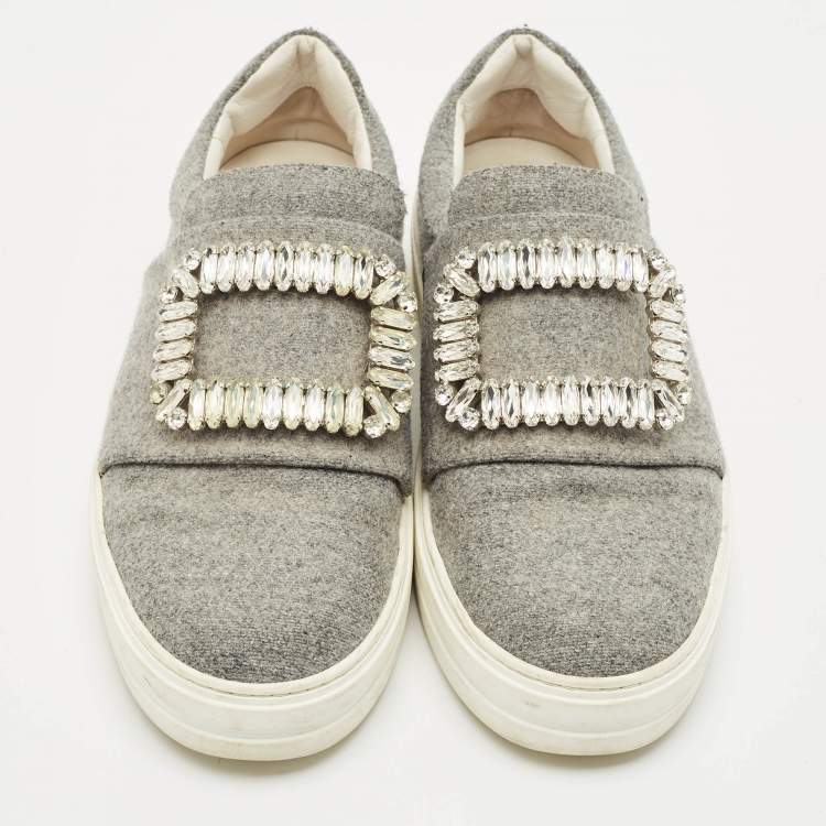 مملوكة مسبقًا Roger Vivier Grey Wood  Crystal Embellished Slip On Sneakers Size 38