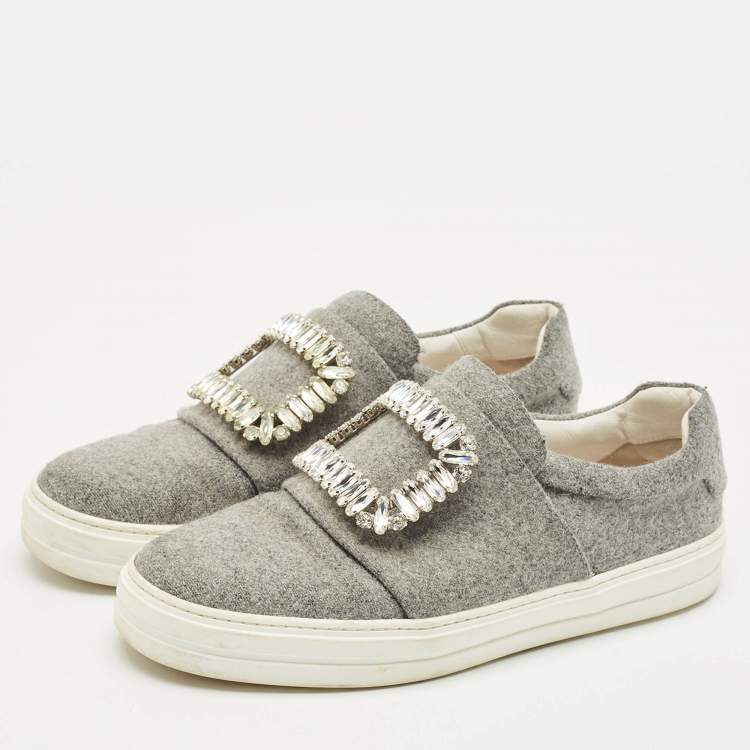 مملوكة مسبقًا Roger Vivier Grey Wood  Crystal Embellished Slip On Sneakers Size 38