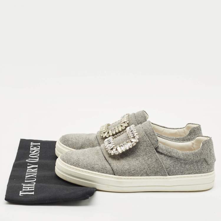 مملوكة مسبقًا Roger Vivier Grey Wood  Crystal Embellished Slip On Sneakers Size 38