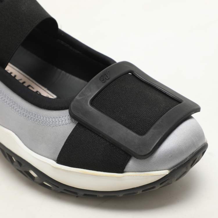 Pre Owned Roger Vivier Blue/Black Satin Embellished Slip On Sneakers Size 37