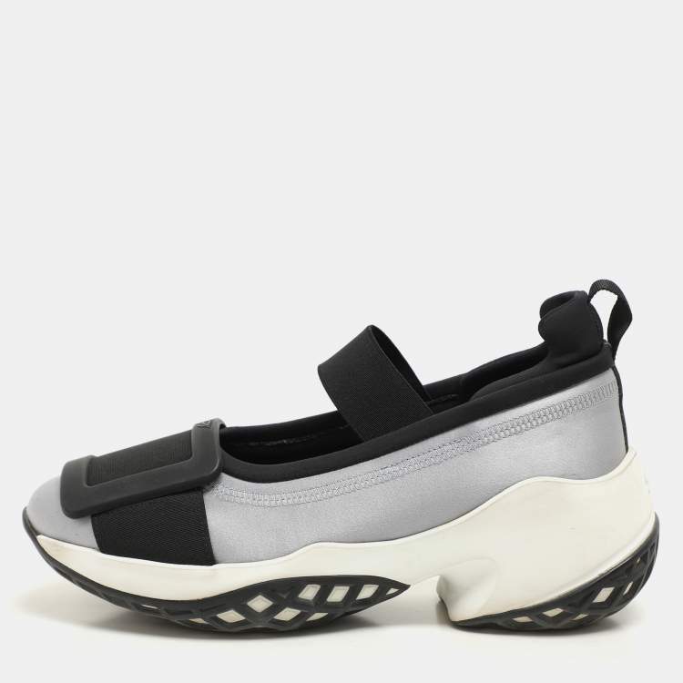 Pre Owned Roger Vivier Blue/Black Satin Embellished Slip On Sneakers Size 37