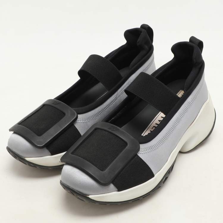 Pre Owned Roger Vivier Blue/Black Satin Embellished Slip On Sneakers Size 37