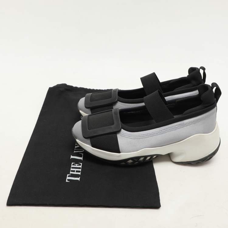 Pre Owned Roger Vivier Blue/Black Satin Embellished Slip On Sneakers Size 37