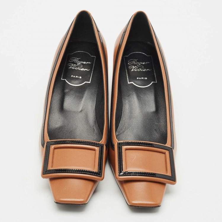 Pre Owned Roger Vivier Brown Leather Buckle Block Heel Pumps Size 36