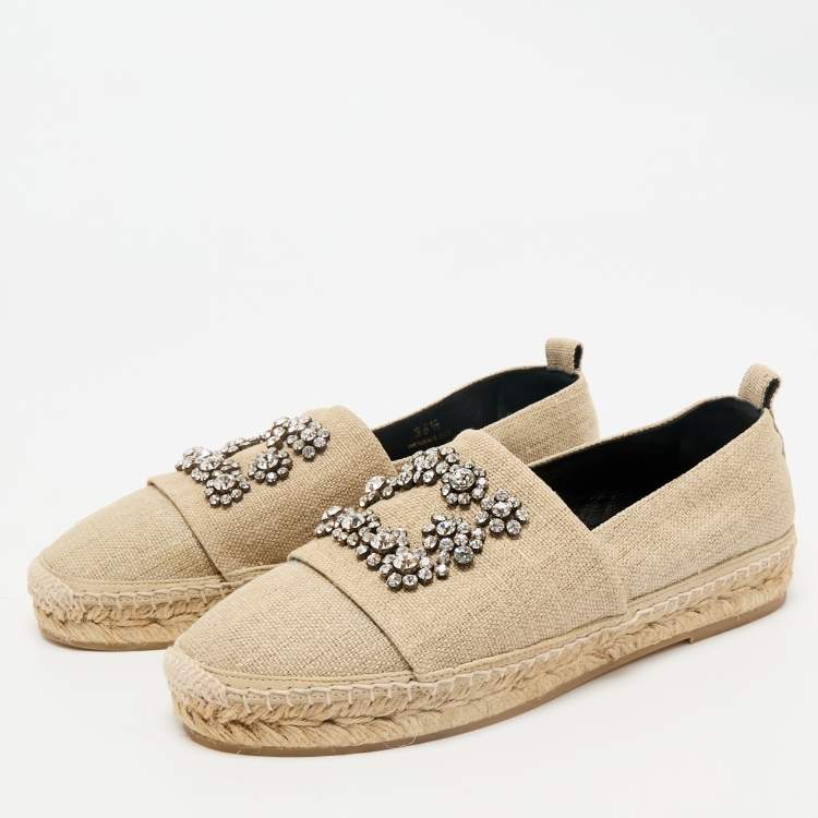 Pre Owned Roger Vivier Beige Canvas Crystal Embellished Espadrille Flats Size 36.5