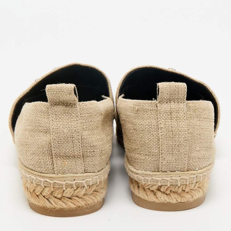 Pre Owned Roger Vivier Beige Canvas Crystal Embellished Espadrille Flats Size 36.5