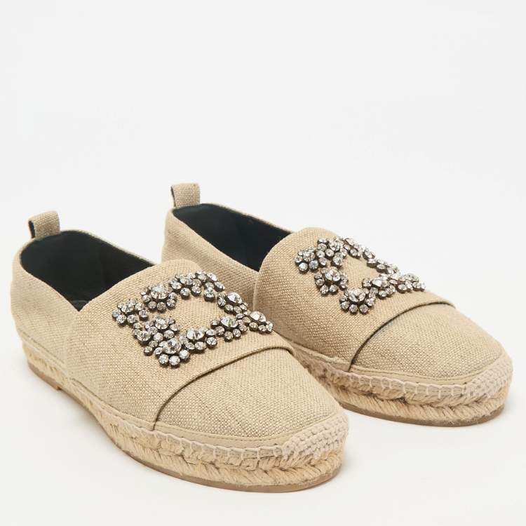 Pre Owned Roger Vivier Beige Canvas Crystal Embellished Espadrille Flats Size 36.5