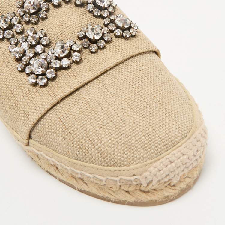 Pre Owned Roger Vivier Beige Canvas Crystal Embellished Espadrille Flats Size 36.5
