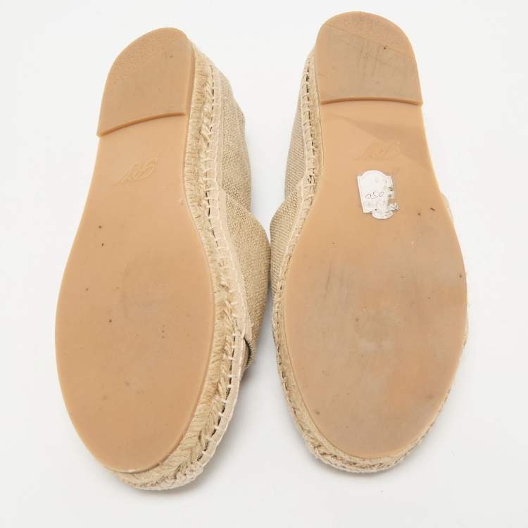 Pre Owned Roger Vivier Beige Canvas Crystal Embellished Espadrille Flats Size 36.5